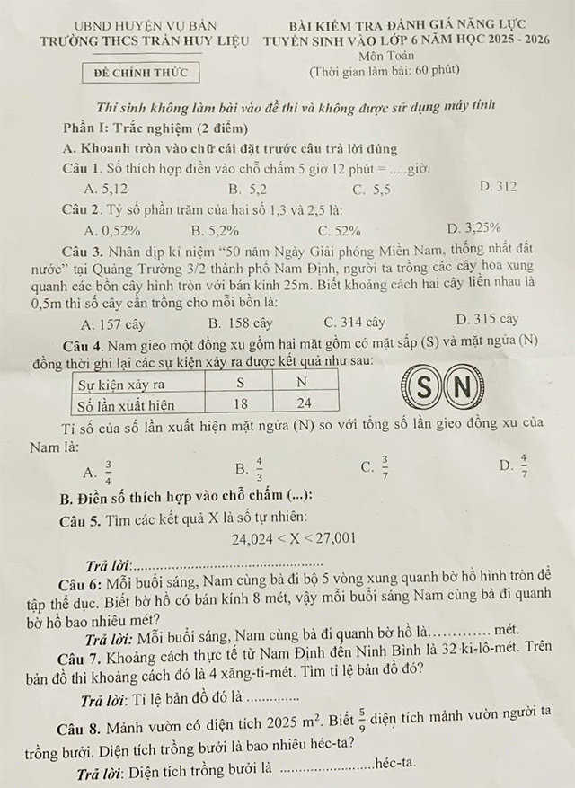 Đề thi vào lớp 6 môn Toán trường THCS Trần Huy Liệu