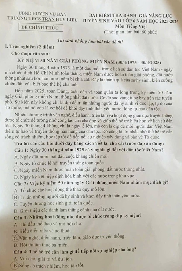 Đề thi vào lớp 6 môn Tiếng Việt trường THCS Trần Huy Liệu