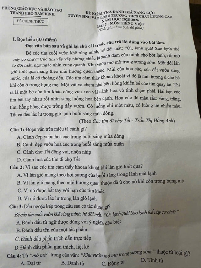 Đề thi vào lớp 6 trường THCS Trần Đăng Ninh năm 2025 - 2026