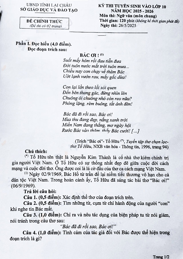 Đề thi vào lớp 10 môn Văn Lai Châu năm 2025 - 2026