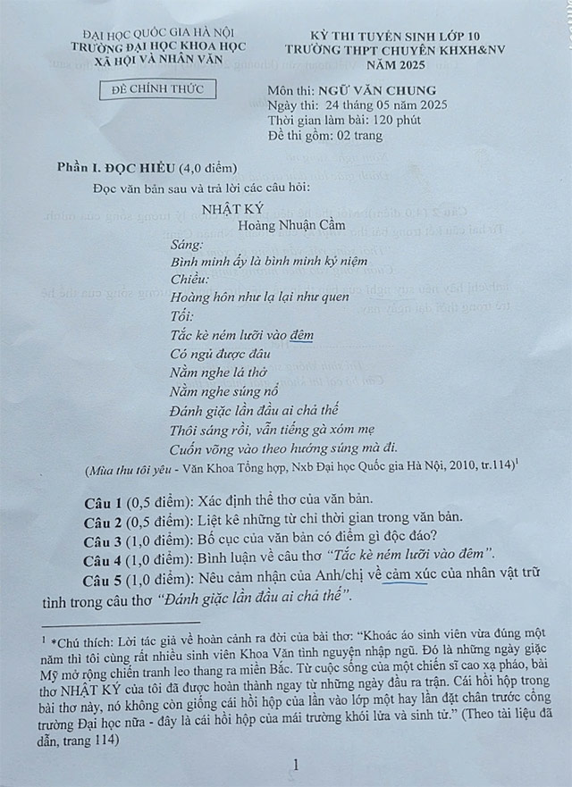 Đề thi vào 10 chuyên Khoa học Xã hội và Nhân văn môn Văn 2025