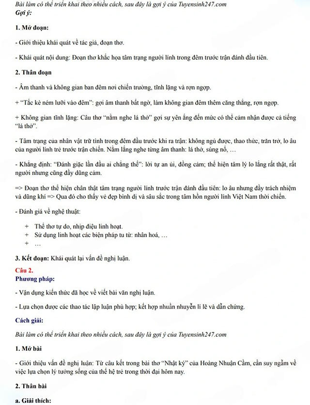 Đáp án đề thi vào lớp 10 môn Văn 2025 chuyên KHXH&NV Hà Nội