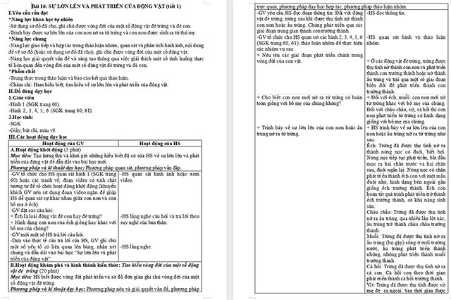 Giáo án Khoa học 5 Sự lớn lên và phát triển của động vật