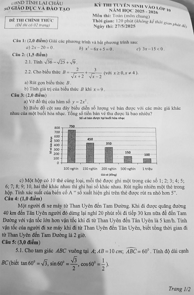 Đề thi vào lớp 10 môn Toán năm 2025 - 2026 Lai Châu