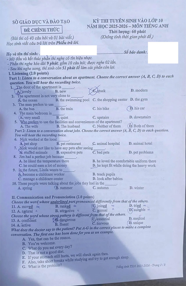 Đề thi vào lớp 10 môn Tiếng Anh Bình Dương