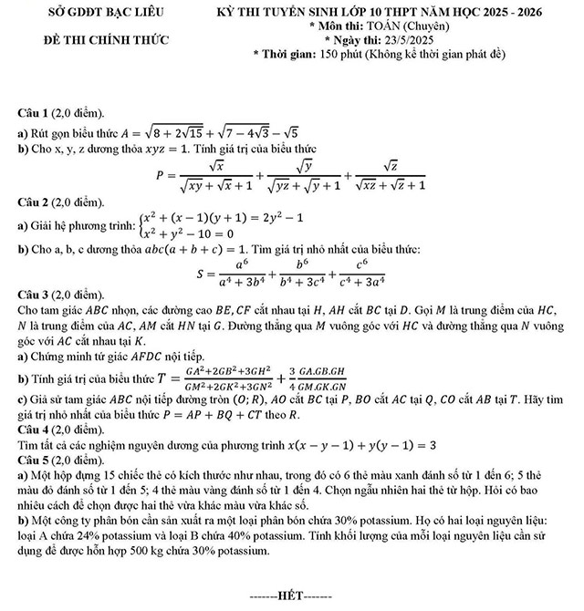Đề thi vào 10 Toán Chuyên Bạc Liêu