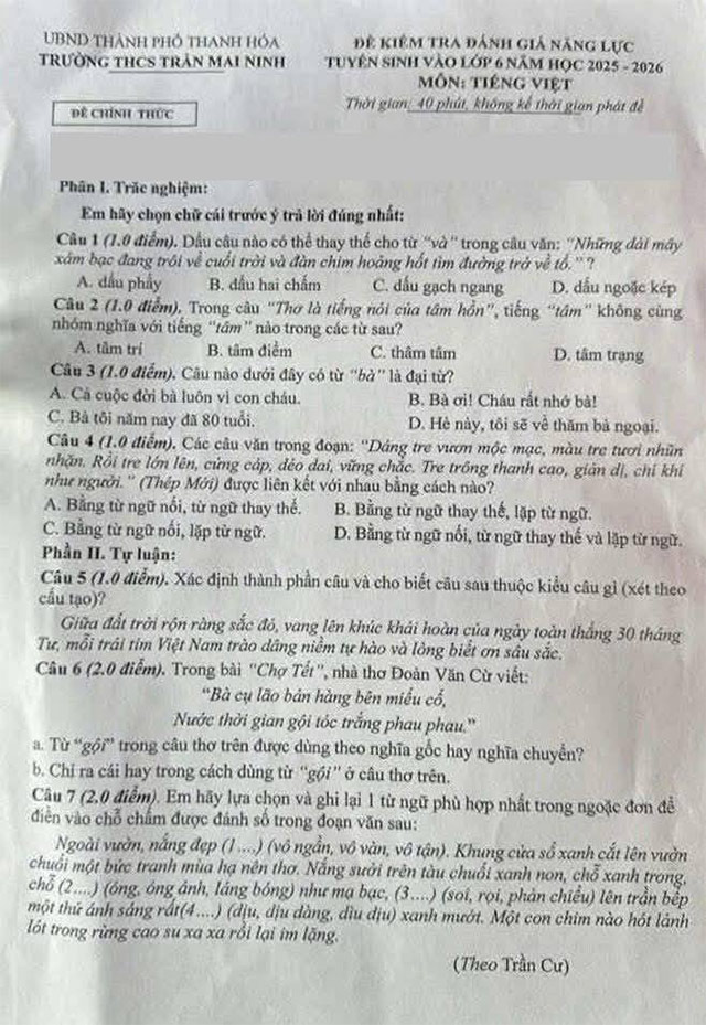 Đề thi vào lớp 6 môn Tiếng Việt Trần Mai Ninh năm 2025 - 2026