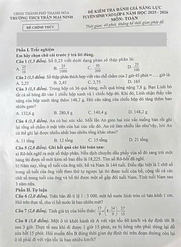 Đề thi vào lớp 6 môn Toán Trần Mai Ninh năm 2025 - 2026