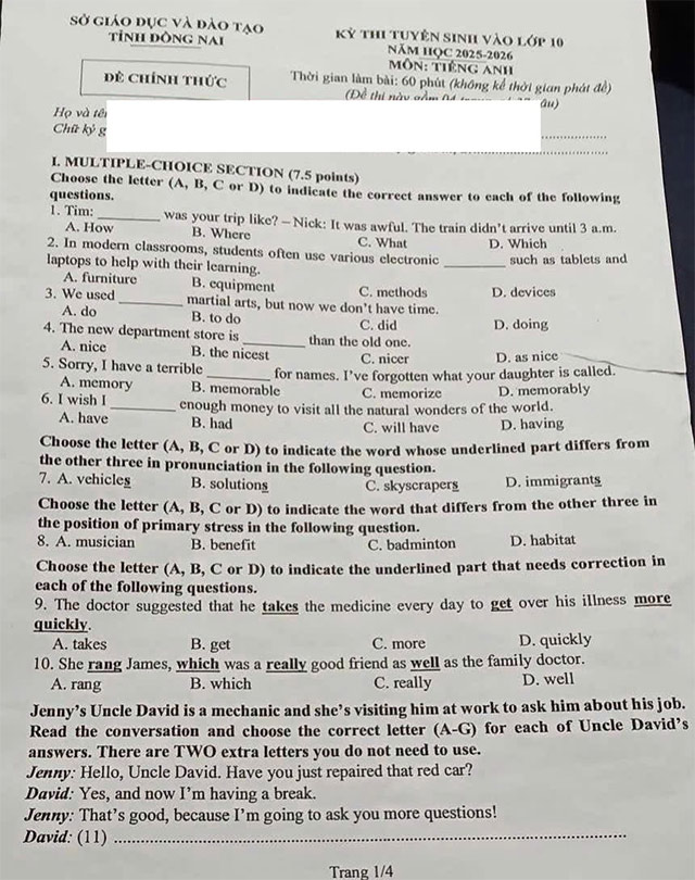 Đề thi vào lớp 10 môn Tiếng Anh Đồng Nai năm 2025