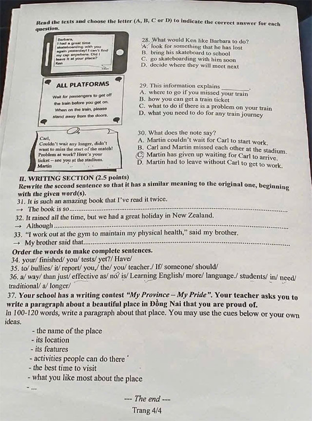 Đề thi vào lớp 10 môn Tiếng Anh Đồng Nai năm 2025