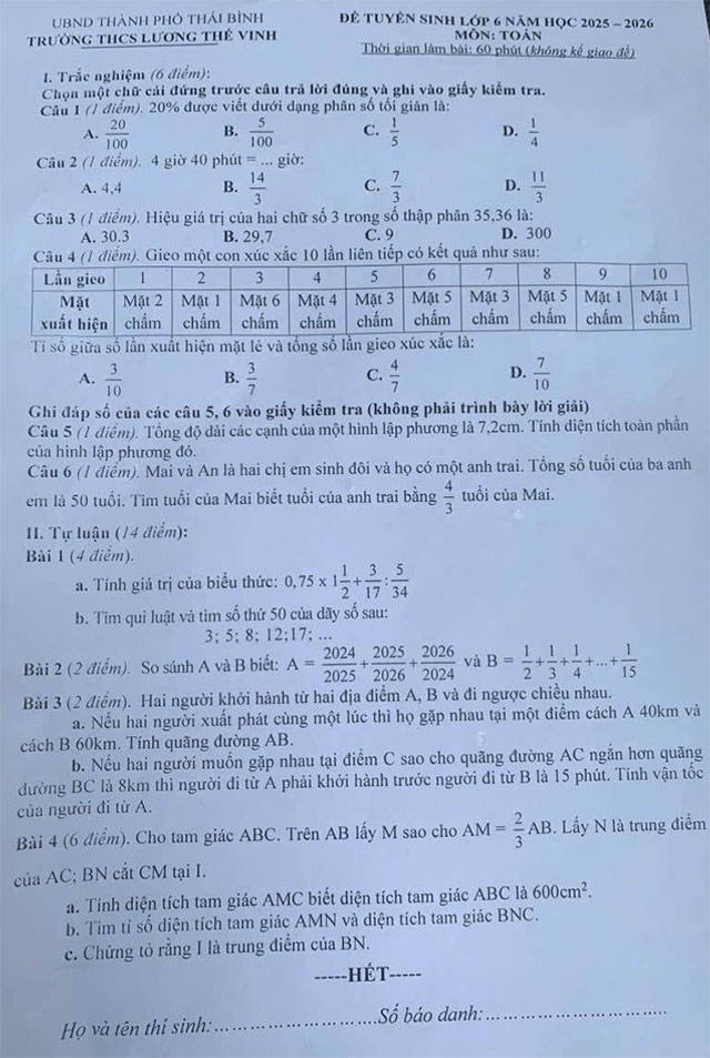Đề thi vào lớp 6 môn Toán trường THCS Lương Thế Vinh