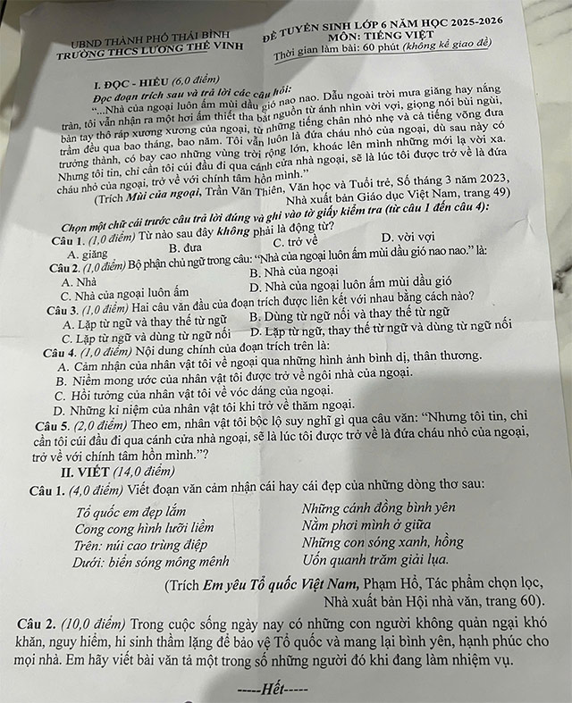    Đề thi vào lớp 6 môn Tiếng Việt trường THCS Lương Thế Vinh