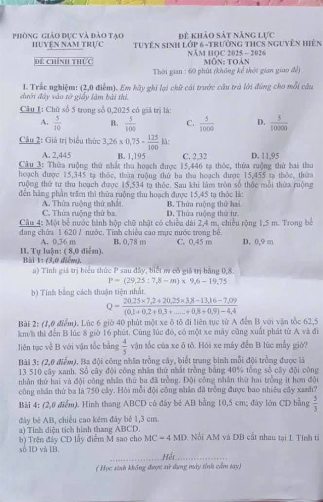 Đề thi vào lớp 6 môn Toán trường THCS Nguyễn Hiền