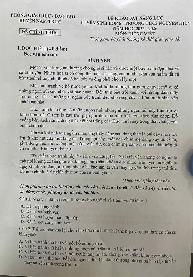 Đề thi vào lớp 6 môn Tiếng Việt trường THCS Nguyễn Hiền