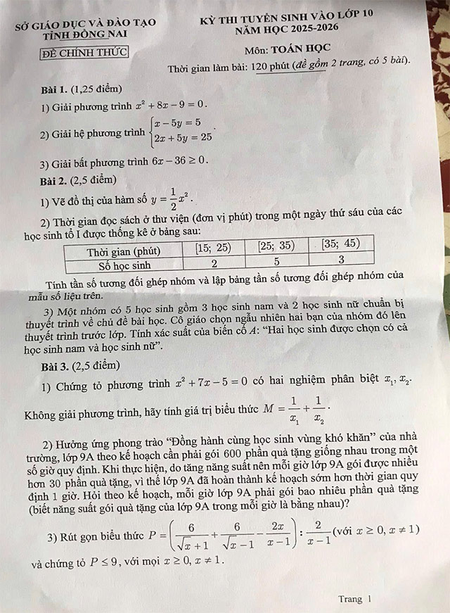 Đề thi vào lớp 10 môn Toán Đồng Nai năm 2025 - 2026