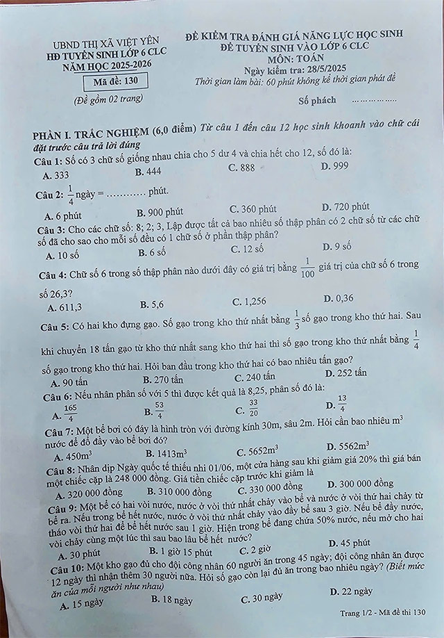 Đề thi vào lớp 6 môn Toán CLC Việt Yên, Bắc Giang