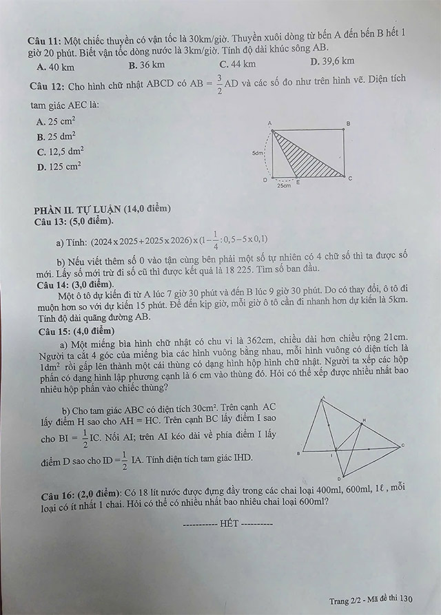 Đề thi vào lớp 6 môn Toán CLC Việt Yên, Bắc Giang