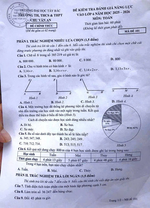 Đề thi vào lớp 6 môn Toán Chu Văn An, Đại học Tây Bắc