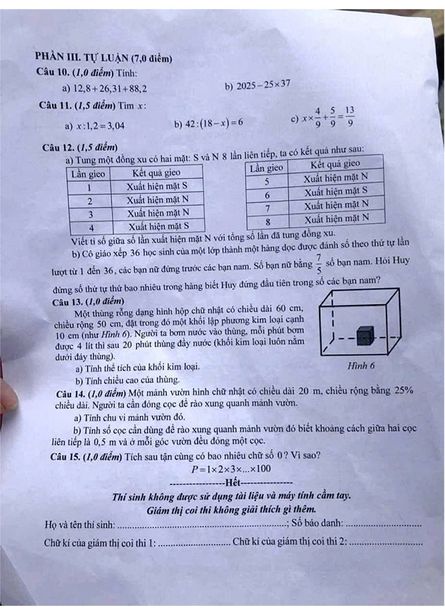 Đề thi vào lớp 6 môn Toán Chu Văn An, Đại học Tây Bắc