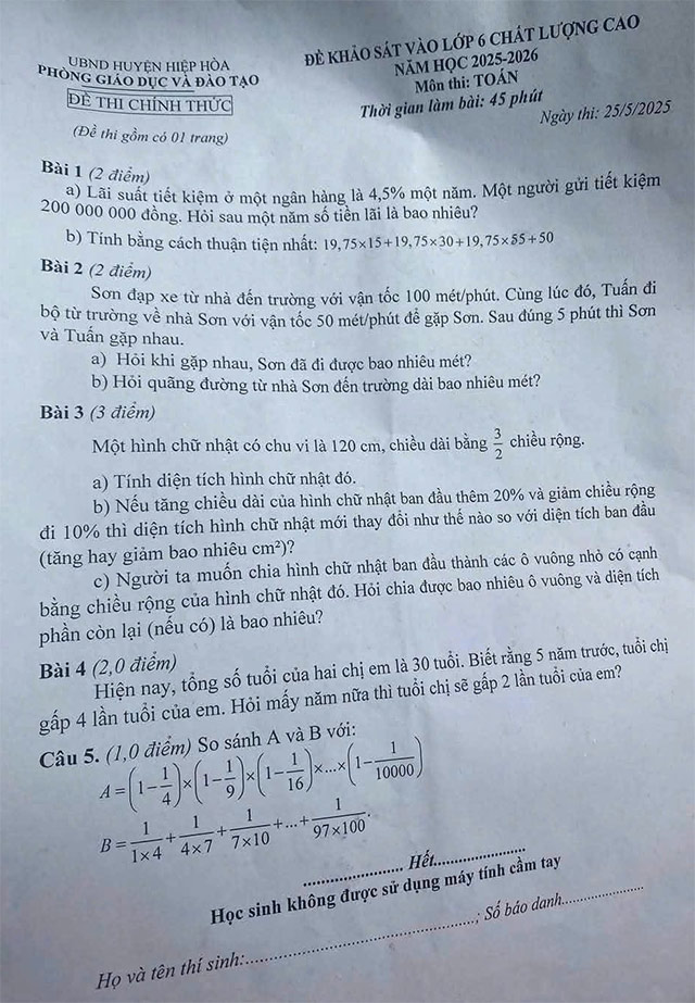 Đề thi vào lớp 6 môn Toán CLC Hiệp Hòa, Bắc Giang
