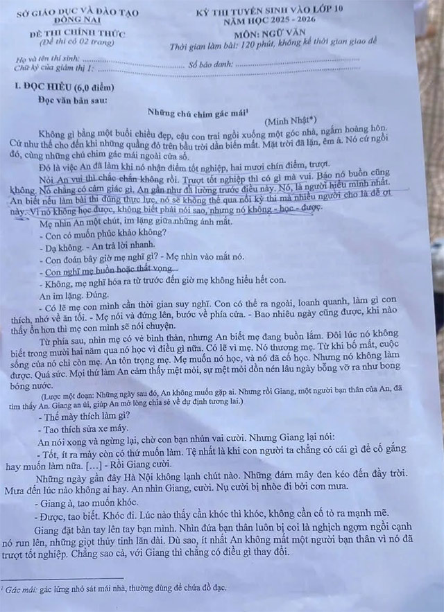 Đề thi vào lớp 10 môn Văn Đồng Nai
