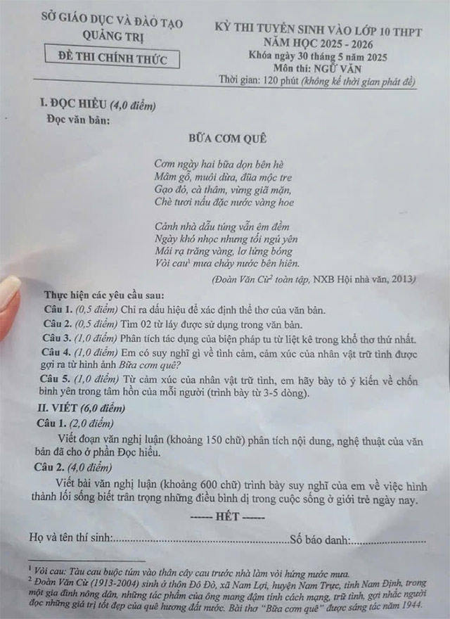 Đề thi vào 10 môn Văn Quảng Trị năm 2025