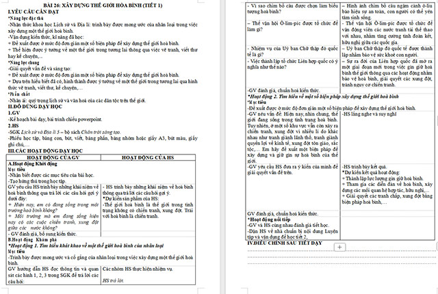 Giáo án Lịch sử - Địa lí 5 Xây dựng thế giới hoà bình