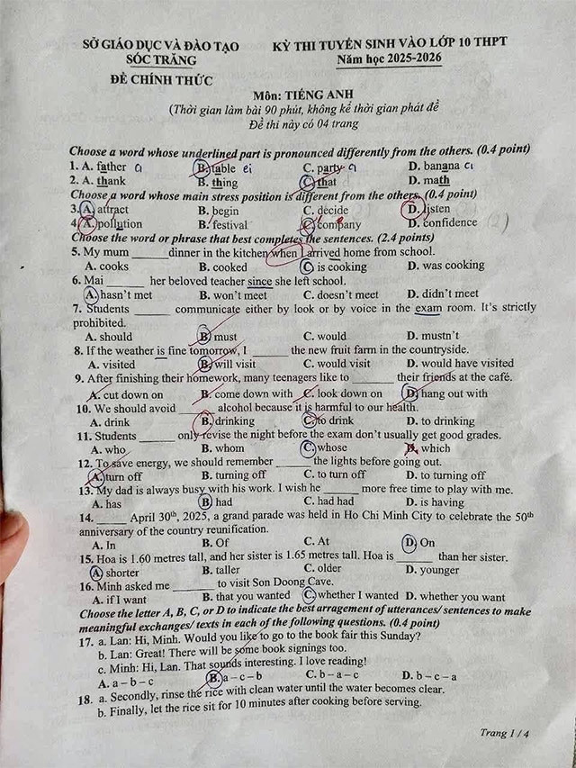 Đề thi vào lớp 10 môn Anh Sóc Trăng năm 2025