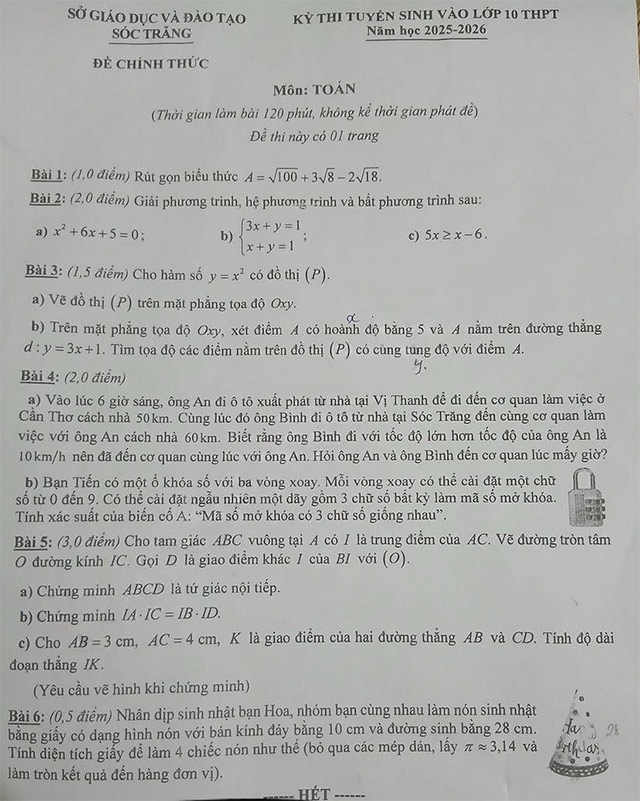 Đề thi vào 10 môn Toán Sóc Trăng năm 2025