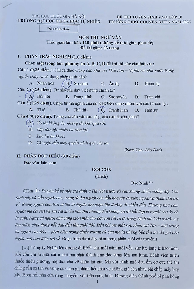 Đề thi vào 10 môn Văn Chuyên Khoa học tự nhiên năm 2025