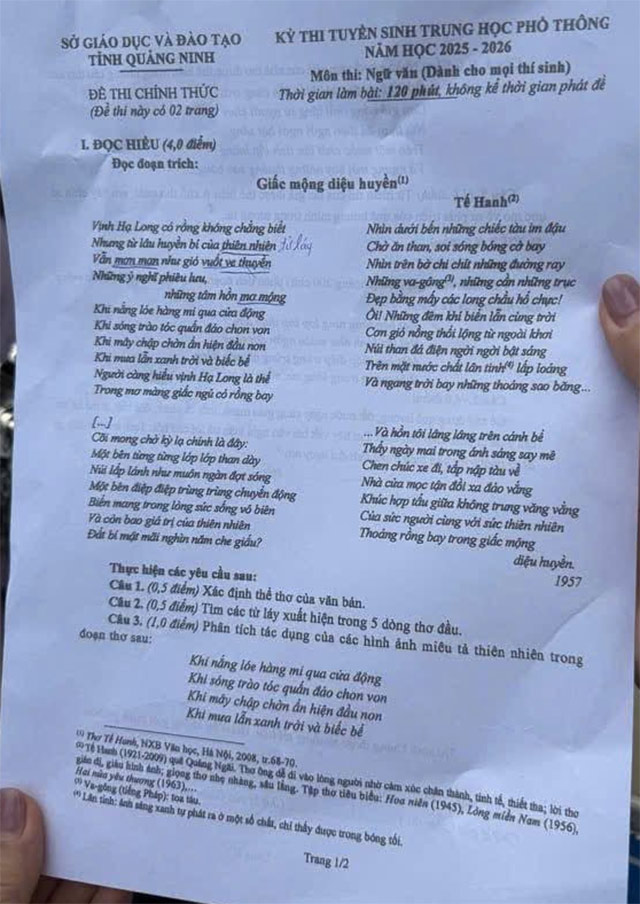 Đề thi vào lớp 10 môn Văn năm 2025 - 2026 Quảng Ninh