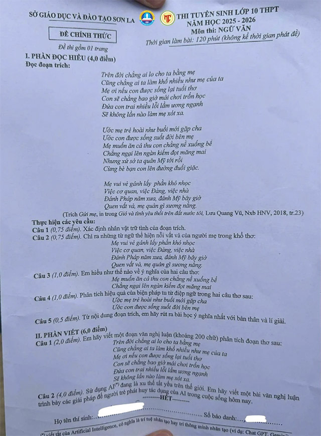 Đề thi vào lớp 10 môn Ngữ văn tỉnh Sơn La năm 2025