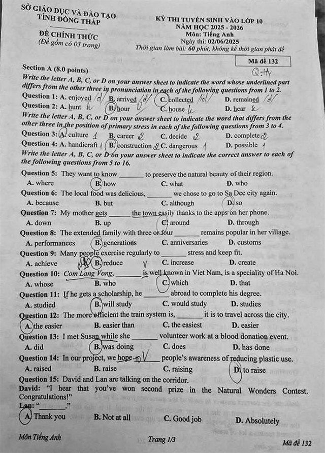 Đề thi vào lớp 10 môn Tiếng Anh Đồng Tháp năm 2025 - 2026