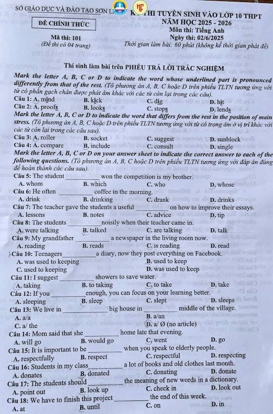 Đề thi vào 10 môn Anh Sơn La