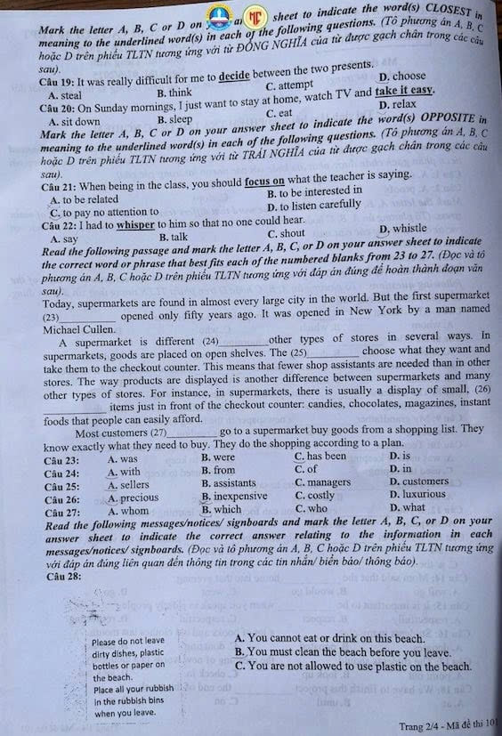 Đề thi vào 10 môn Anh Sơn La