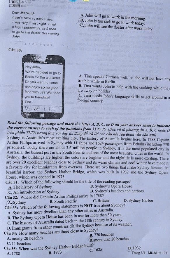 Đề thi vào 10 môn Anh Sơn La