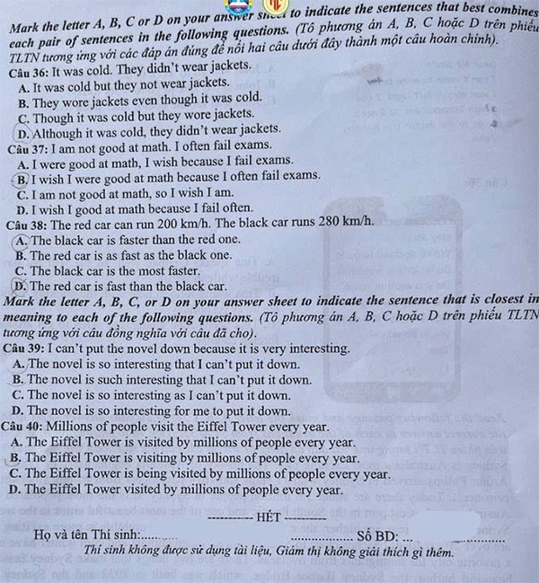 Đề thi vào 10 môn Anh Sơn La