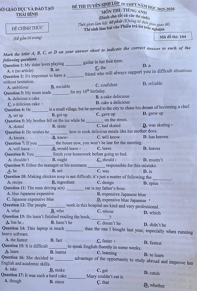 Đề thi vào lớp 10 môn Anh Thái Bình 2025