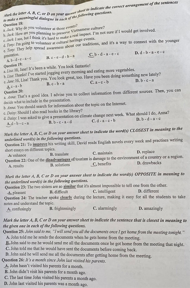 Đề thi vào lớp 10 môn Anh Thái Bình 2025