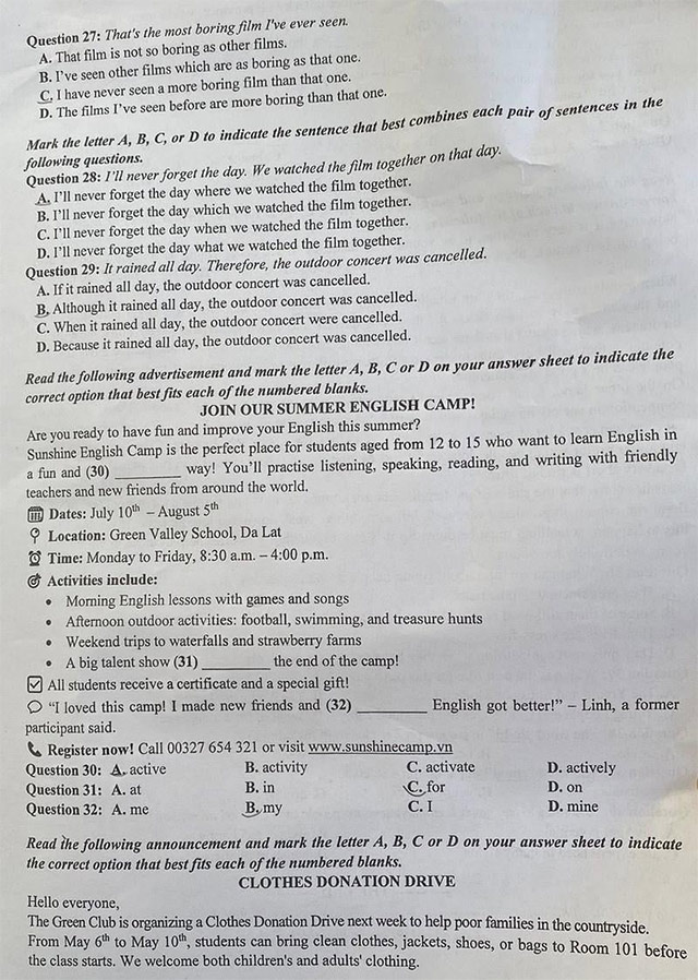 Đề thi vào lớp 10 môn Anh Thái Bình 2025