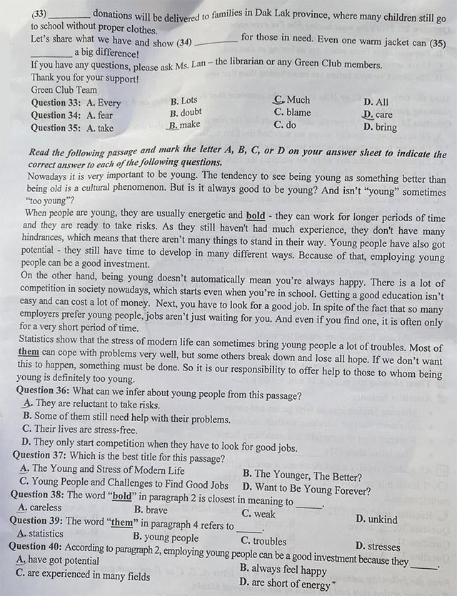 Đề thi vào lớp 10 môn Anh Thái Bình 2025