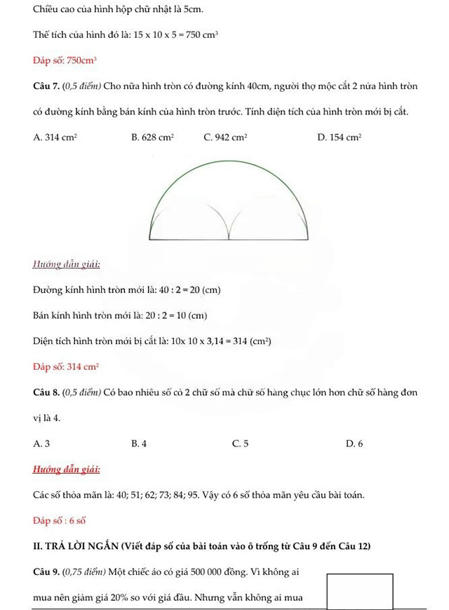 Đáp án đề thi vào lớp 6 môn Toán Nguyễn Tất Thành