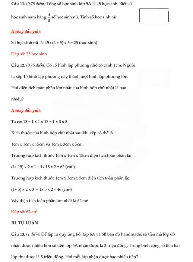 Đáp án đề thi vào lớp 6 môn Toán Nguyễn Tất Thành