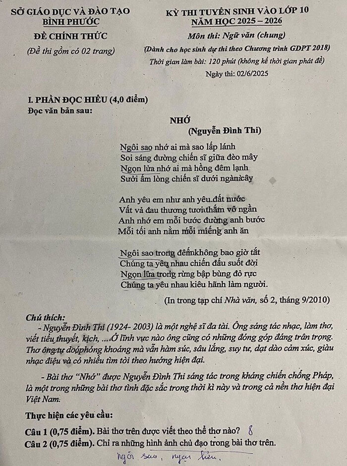 Đề thi vào 10 Ngữ văn Bình Phước