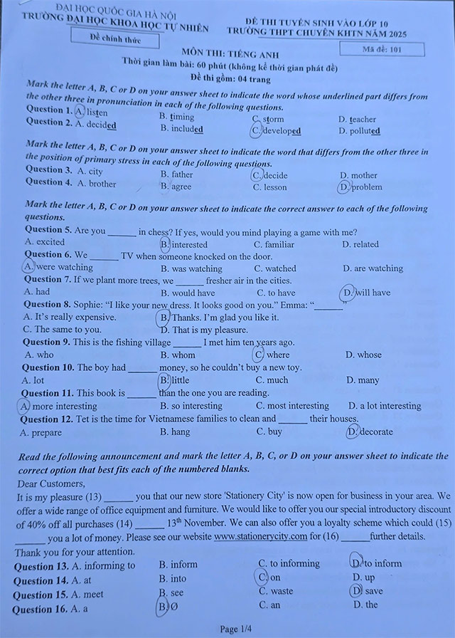 Đề thi vào 10 môn Tiếng Anh Chuyên Khoa học tự nhiên Hà Nội 2025 - Vòng 1