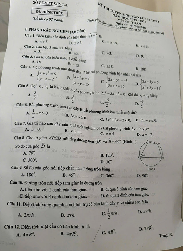 Đề thi vào lớp 10 môn Toán Sơn La năm 2025