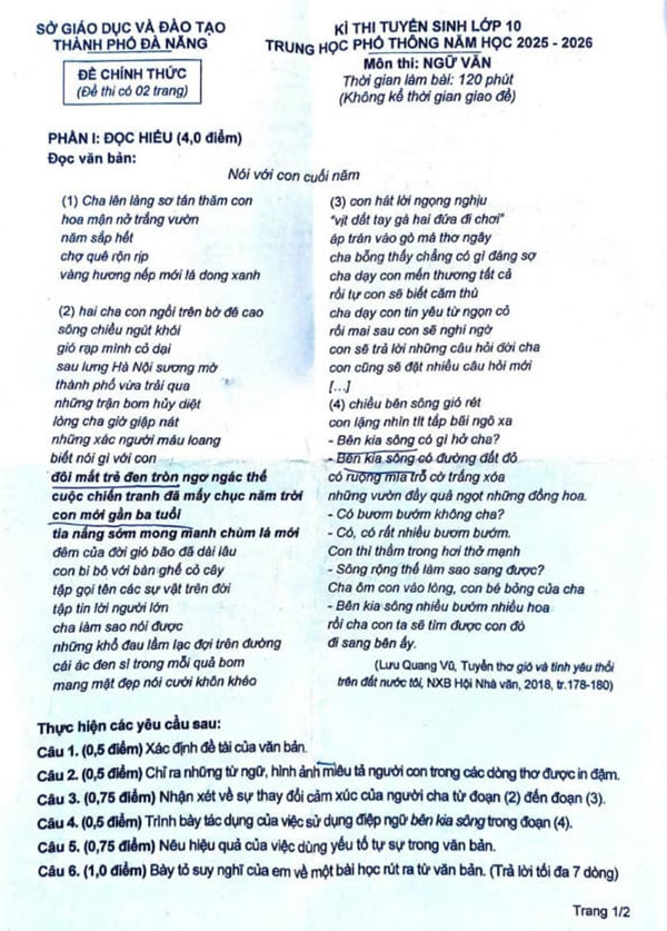 Đề thi vào lớp 10 môn Văn Đà Nẵng năm 2025
