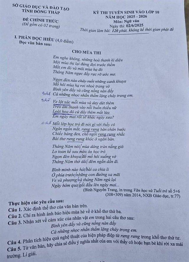 Đề thi tuyển sinh lớp 10 Đồng Tháp môn Văn năm 2025 -2026