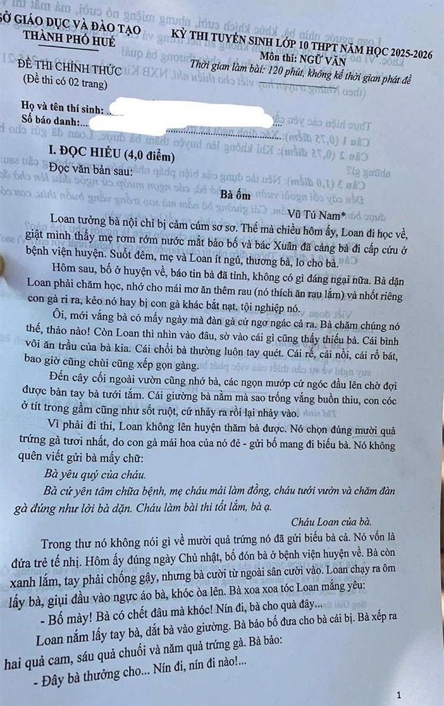 Đề thi vào lớp 10 môn Văn năm 2025