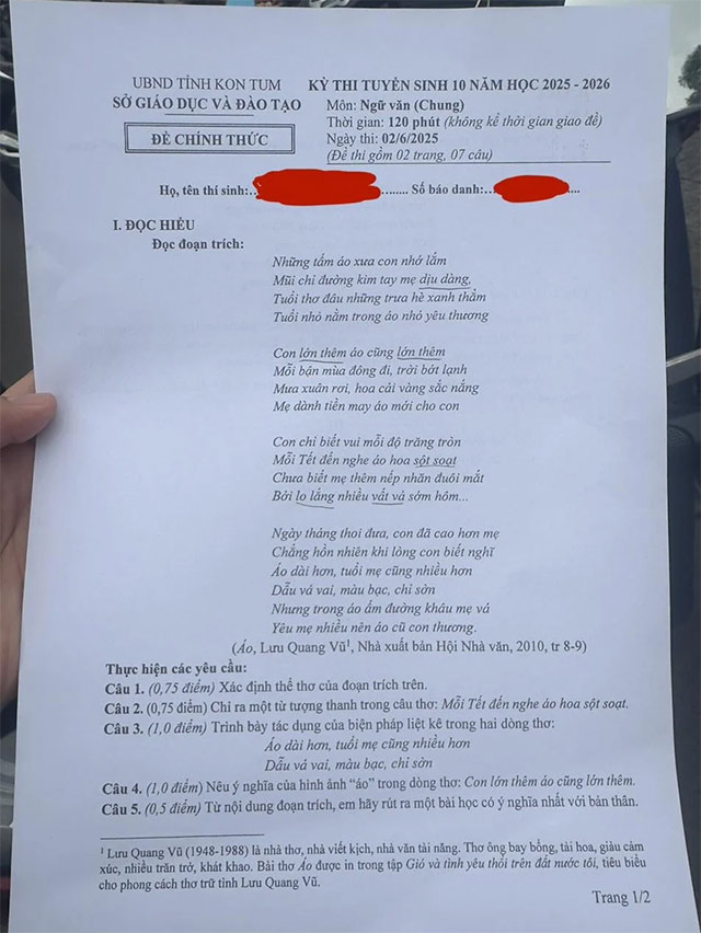 Đề thi vào 10 môn Văn Kon Tum năm 2025